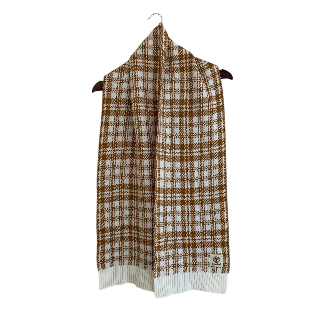 Timberland plaid‎ scarf tan camel brown cream winter layer preppy casual 72”